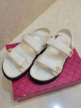 Tory Burch Kira White Sandals with Gold Logo